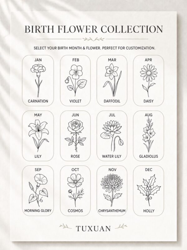 Birth flower selection guide showing the flower for each month for a personalized flask