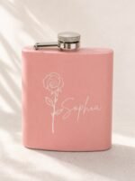 Blush personalized birth flower flask with rose line art and the name Sophia