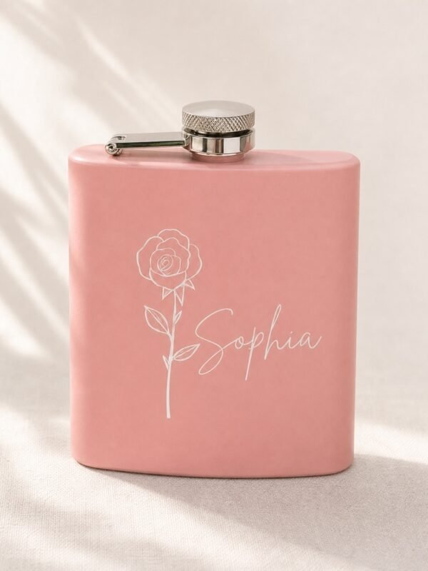 Blush personalized birth flower flask with rose line art and the name Sophia