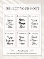 Font selection guide with six lettering styles for a personalized birth flower flask
