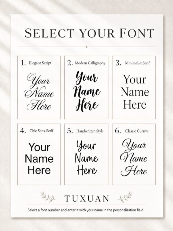 Font selection guide with six lettering styles for a personalized birth flower flask