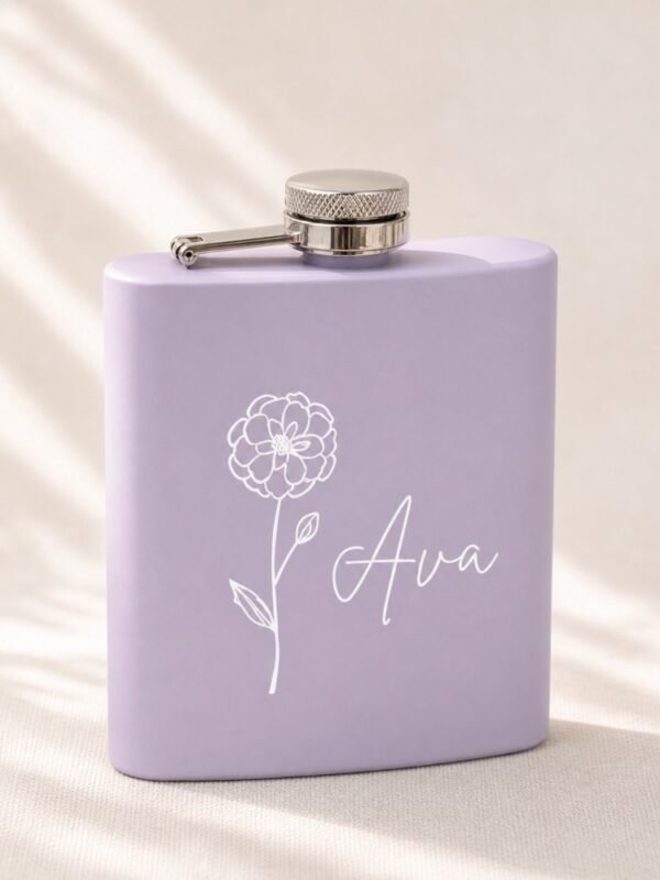 Light purple personalized birth flower flask with floral line art and the name Ava