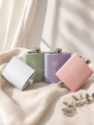 Personalized birth flower flask detail with custom name and flower
