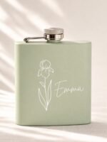 Sage green personalized birth flower flask with floral line art and the name Emma