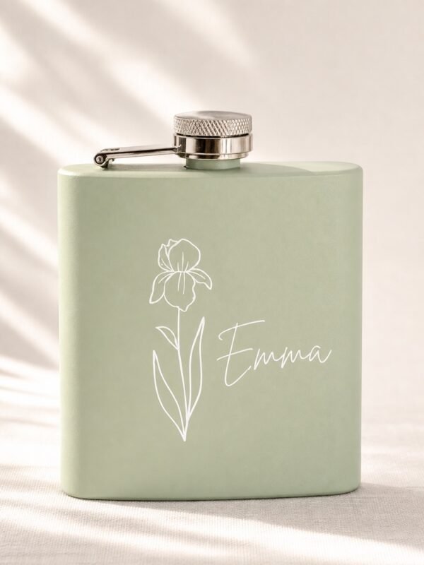 Sage green personalized birth flower flask with floral line art and the name Emma