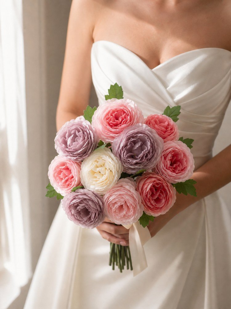 Bride holding a blush ivory and dusty mauve artificial garden rose bouquet