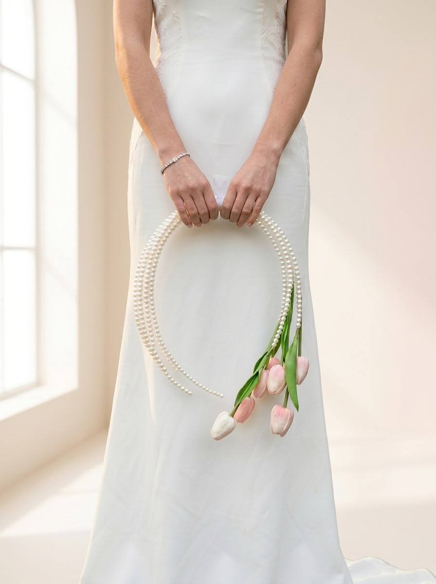 Pearl tulip bridal bouquet with ivory pearls, soft pink tulips, and white bridal ribbon
