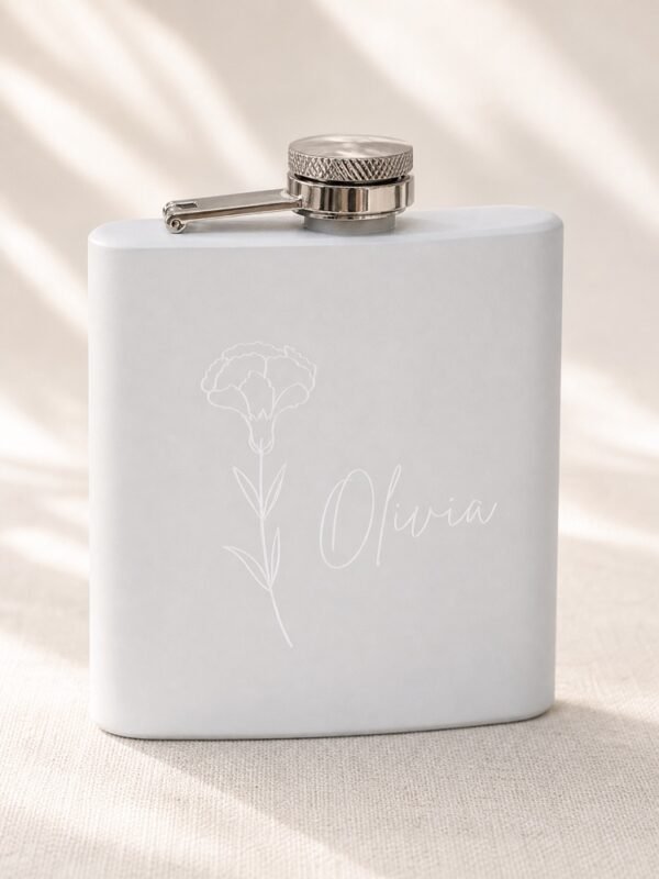 White personalized birth flower flask with floral line art and the name Olivia