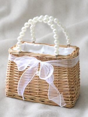 Pearl Beaded Handle Flower Girl Basket for Garden Weddings