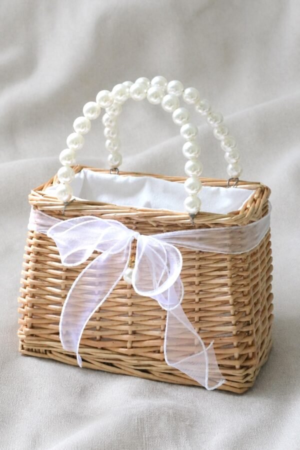 Pearl Beaded Handle Flower Girl Basket for Garden Weddings