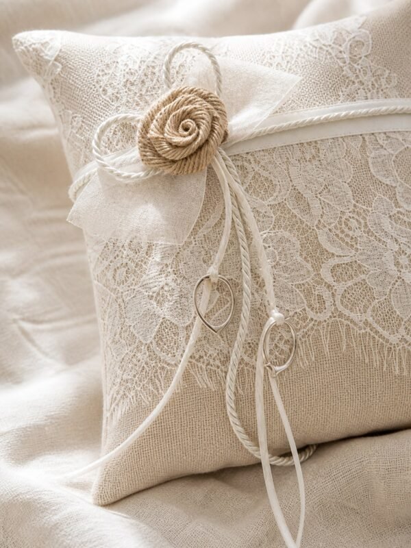 Beige Lace Ring Bearer Pillow with Rope Rosette