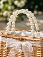 Pearl Beaded Handle Flower Girl Basket for Garden Weddings