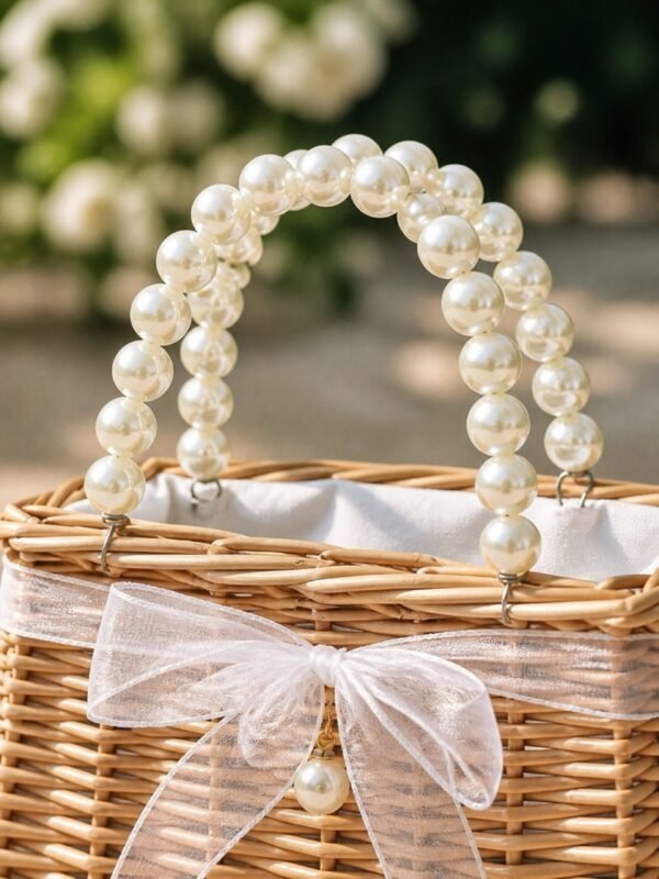 Pearl Beaded Handle Flower Girl Basket for Garden Weddings