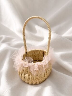 Pink Tulle Flower Girl Basket for Wedding Petals