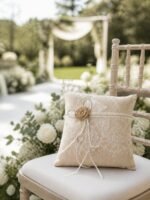 Beige Lace Ring Bearer Pillow with Rope Rosette