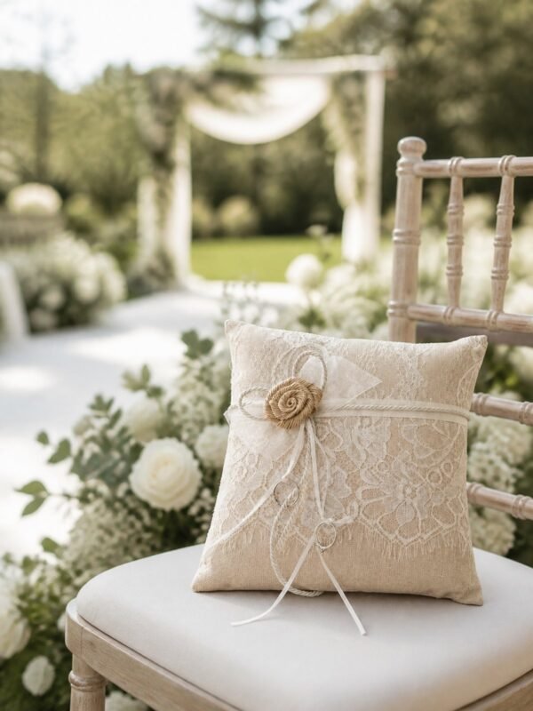 Beige Lace Ring Bearer Pillow with Rope Rosette