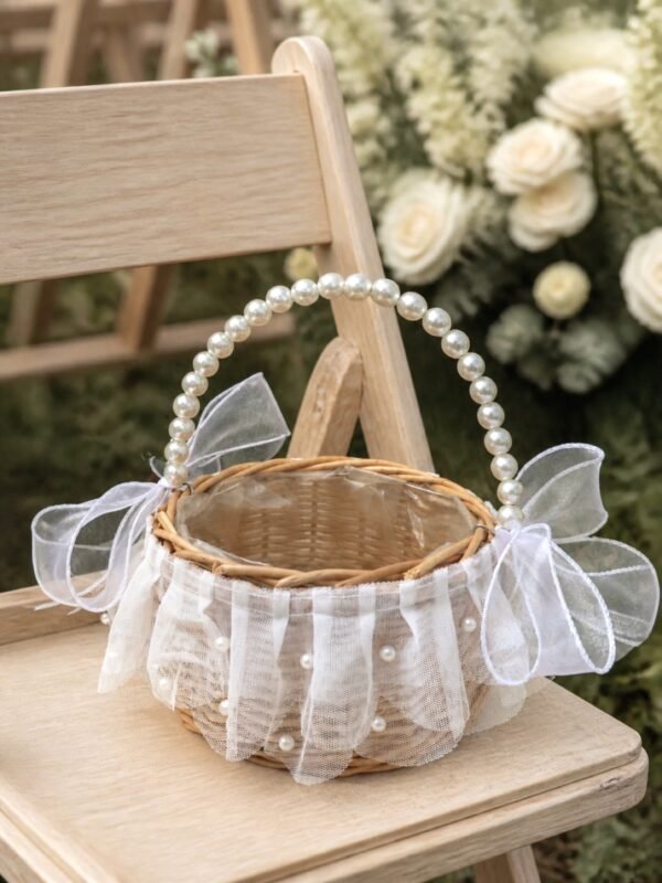 Ivory Pearl Flower Girl Basket for Garden Weddings