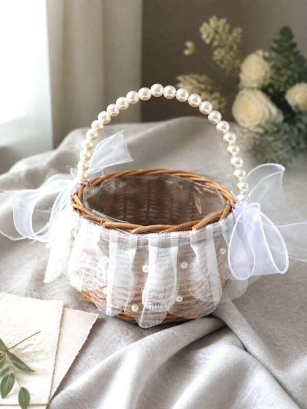 Ivory Pearl Flower Girl Basket for Garden Weddings