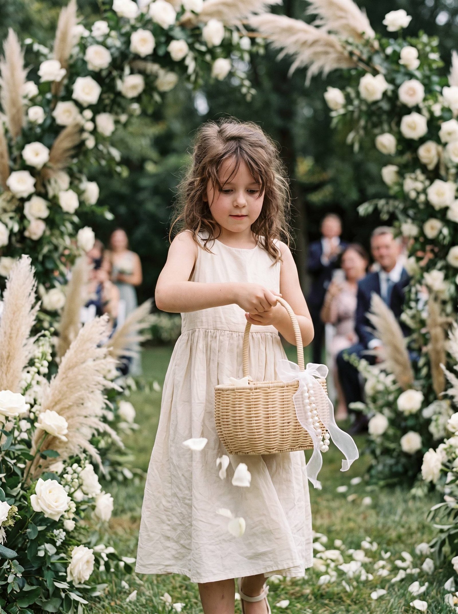Flower girl carrying the Pearl Handle Flower Girl Basket down a garden wedding aisle