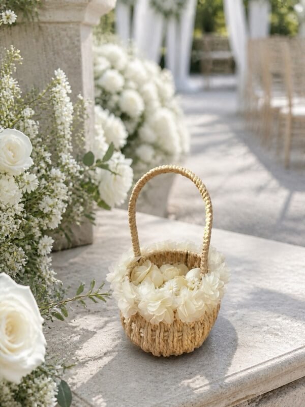 White Woven Flower Girl Basket for Wedding Ceremonies