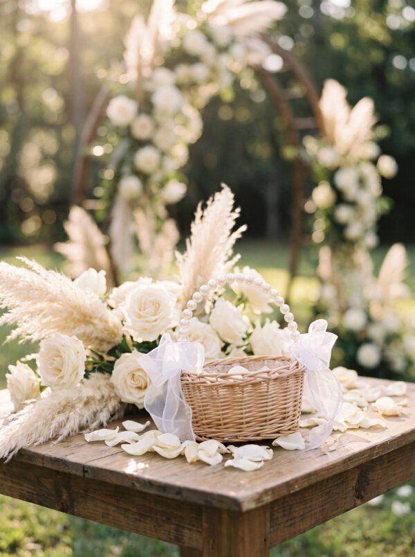 Pearl Beaded Handle Flower Girl Basket for Garden Weddings
