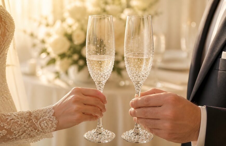 Bride and groom holding pearl crystal champagne flutes during a wedding toast.