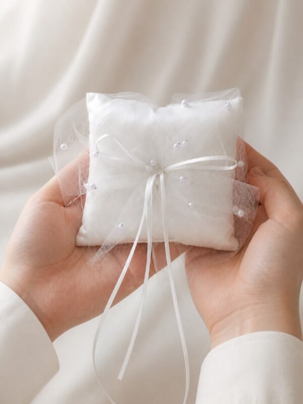 White Pearl Tulle Ring Bearer Pillow for Wedding Ceremonies