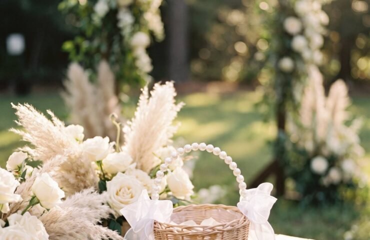 Pearl-handle flower girl basket styled for a garden wedding ceremony