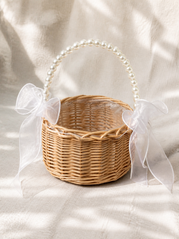 Pearl Beaded Handle Flower Girl Basket for Garden Weddings